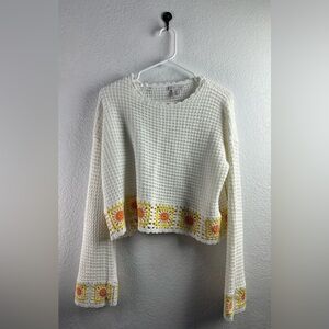 Sincerely Jules White Crochet Sweater with Floral Accents Size L